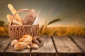 Fresh homemade bread loaves in basket on nature Royalty Free Stock Photo