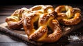 Fresh homemade bavarian pretzels with sesame seeds on wooden background