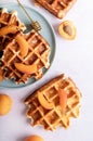 Fresh homemade belgian waffles with apricots and honey on blue plate top view flat lay Royalty Free Stock Photo