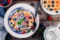 Fresh homemade belgian waffles with blueberries and raspberries for breakfast Royalty Free Stock Photo