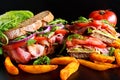 Fresh homemade BLT sandwich on grilled bread with bacon, lettuce, beef tomato, red onions, wild rocket and chips Royalty Free Stock Photo