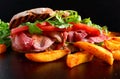 Fresh homemade BLT sandwich on grilled bread with bacon, lettuce, beef tomato, red onions, wild rocket and chips Royalty Free Stock Photo