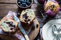 Fresh homemade blueberry muffin, cut in half Royalty Free Stock Photo