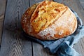 Fresh homemade bread on a gray blue background. Crisp French bread. Bread at leaven.