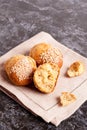Fresh homemade bread rolls with sesam seed on table, top view Royalty Free Stock Photo
