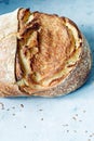 Fresh homemade bread from whole wheat and rye flour with flax seeds, pumpkin and oat flakes on a brown background. Crisp. Royalty Free Stock Photo