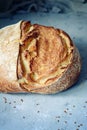 Fresh homemade bread from whole wheat and rye flour with flax seeds, pumpkin and oat flakes on a brown background. Crisp. Royalty Free Stock Photo