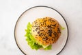 Fresh homemade burger with black sesame seeds in plate with french fries potatoes. Top view. Copy space. Royalty Free Stock Photo