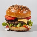 Fresh homemade burger with bun sprinkled with sesame seeds,, Royalty Free Stock Photo