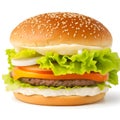 Fresh homemade burger, closeup. American symbol background with hamburger flag, food concept