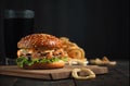Fresh homemade burger on little wooden cutting board over dark background. Royalty Free Stock Photo