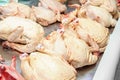 Fresh homemade chicken carcass on the counter of the meat pavilion, raw chicken carcasses sold in the market counter. Royalty Free Stock Photo