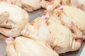 Fresh homemade chicken carcass on the counter of the meat pavilion, raw chicken carcasses sold in the market counter Royalty Free Stock Photo