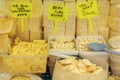 Fresh homemade cottage cheese and cheese are sold at the street market. Close-up