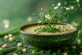 Fresh Homemade Creamy Potato Soup Sprinkled with Chives in a Ceramic Bowl on a Green Background Royalty Free Stock Photo