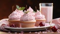 A fresh, homemade cupcake with pink icing and berry decoration generated by AI Royalty Free Stock Photo