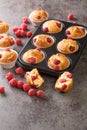 Fresh homemade delicious raspberry muffins closeup. Vertical Royalty Free Stock Photo