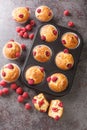 Fresh homemade delicious raspberry muffins closeup. Vertical top view Royalty Free Stock Photo