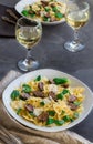 Farfalle pasta with mushrooms and spinach