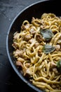 Fresh homemade fettuccini pasta with meat, cheese and basil Royalty Free Stock Photo