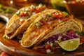 Fresh Homemade Fish Tacos with Colorful Vegetable Salsa, Lime on a Rustic Wooden Board