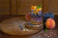 Homemade granola, muesli with blueberry and yogurt in glasses on rustic wooden background. Healthy breakfast. Royalty Free Stock Photo