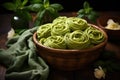 Fresh homemade green pasta tagliatelle. Generative AI