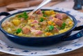 Pea soup with pork meat and sausages Royalty Free Stock Photo