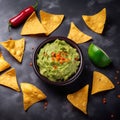 Fresh homemade hot guacamole sauce with nachos. Mexican guacamole and salsa dip with nachos. Royalty Free Stock Photo