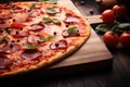 fresh homemade italian pizza with tomatoes on desk, table