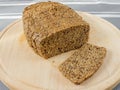 Fresh homemade keto bread on wooden background