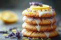 Fresh Homemade Lemon Glazed Cookies with Lavender Garnish on Rustic Table Background