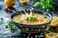 Fresh Homemade Lemon Lentil Soup with Parsley and Spice Splash in Rustic Kitchen Setting Royalty Free Stock Photo