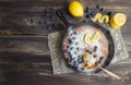 Homemade lemon pie in iron skillet Royalty Free Stock Photo