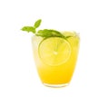 Fresh homemade lemonade made from lemon, lime and mint isolated on a white background.