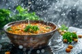 Fresh Homemade Lentil Soup with Parsley Garnish in Bowl, Water Droplets in Air, Healthy Vegetarian Meal on Dark Background