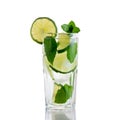 Fresh homemade mojito cocktail in a tall glass with lime, mint and ice isolated on white background Royalty Free Stock Photo