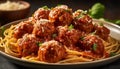 Fresh homemade pasta with meatballs and savory tomato sauce on plate generated by AI