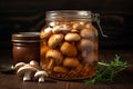 Fresh homemade pickled mushrooms in glass jar