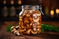 Fresh homemade pickled mushrooms in glass jar