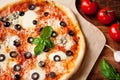 Fresh Homemade Pizza Margherita with Olives and Basil