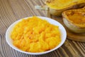 Fresh homemade pumpkin puree in bowl. Baby food. Fresh, organic pureed vegetables Royalty Free Stock Photo