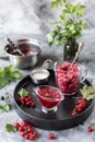 Fresh homemade red currant jam or sauce in a jar, selective focus Royalty Free Stock Photo