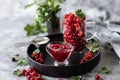 Fresh homemade red currant jam or sauce in a jar, selective focus. Place for text. Copy space Royalty Free Stock Photo