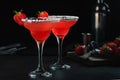 Fresh homemade refreshing strawberry cocktail margarita in glasses on the table