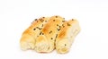 Fresh homemade rolled bakery on white background