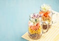 Fresh homemade salad in jars with quinoa, chickpeas and organic Royalty Free Stock Photo