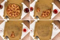 Salami Pizza in different stages collage, view from above