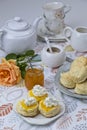 Fresh scones with homemade apricot jam topped with whipped cream