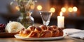 Fresh homemade single one challah bread on table, for shabbat dinner